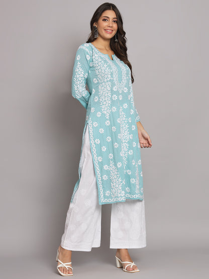 Women Hand Embroidered Chikankari Cotton Straight Kurta-AL3679 Green