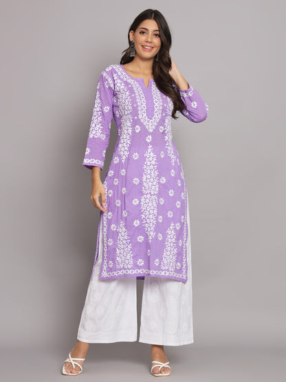 Women Hand Embroidered Chikankari Cotton Straight Kurta-AL3679 Mauve