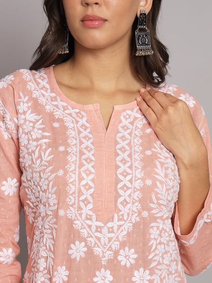 Women Hand Embroidered Chikankari Cotton Straight Kurta-AL3679 Rust
