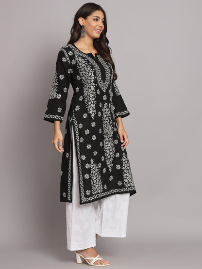 Women Hand Embroidered Chikankari Cotton Straight Kurta-AL3679 Black