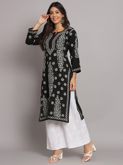 Women Hand Embroidered Chikankari Cotton Straight Kurta-AL3679 Black