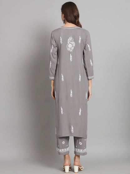 Women Hand Embroidered Chikankari Rayon Kurta set-AL3451KS Grey