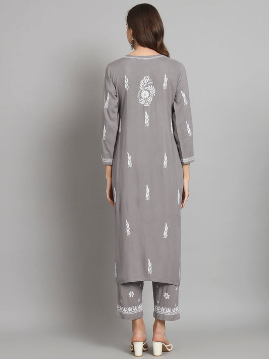 Women Hand Embroidered Chikankari Rayon Kurta set-AL3451KS Grey