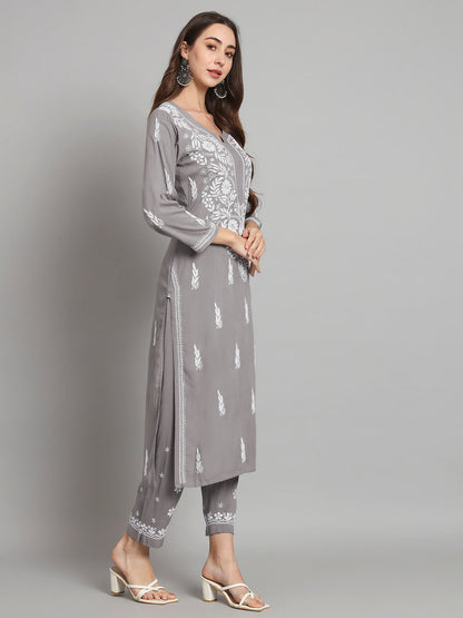 Women Hand Embroidered Chikankari Rayon Kurta set-AL3451KS Grey