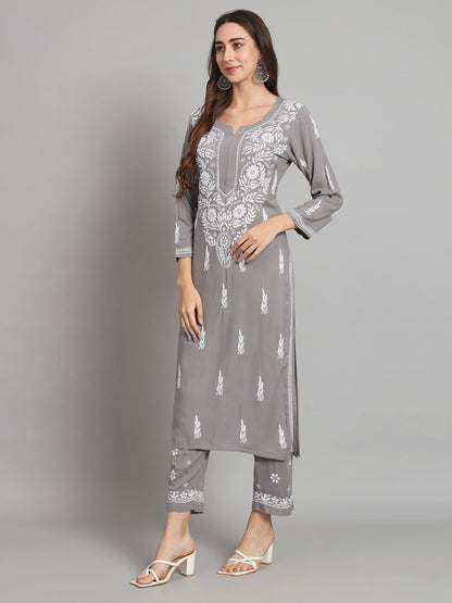 Women Hand Embroidered Chikankari Rayon Kurta set-AL3451KS Grey