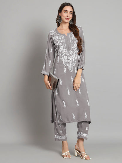 Women Hand Embroidered Chikankari Rayon Kurta set-AL3451KS Grey