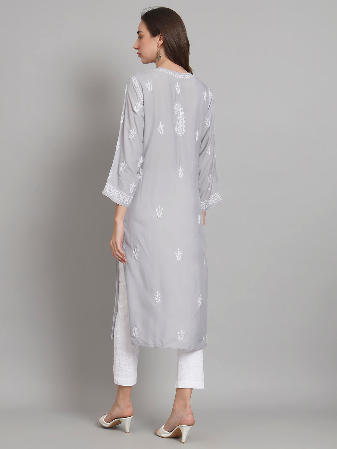 Women Hand Embroidered Chikankari Modal Kurta-AL3584 Grey