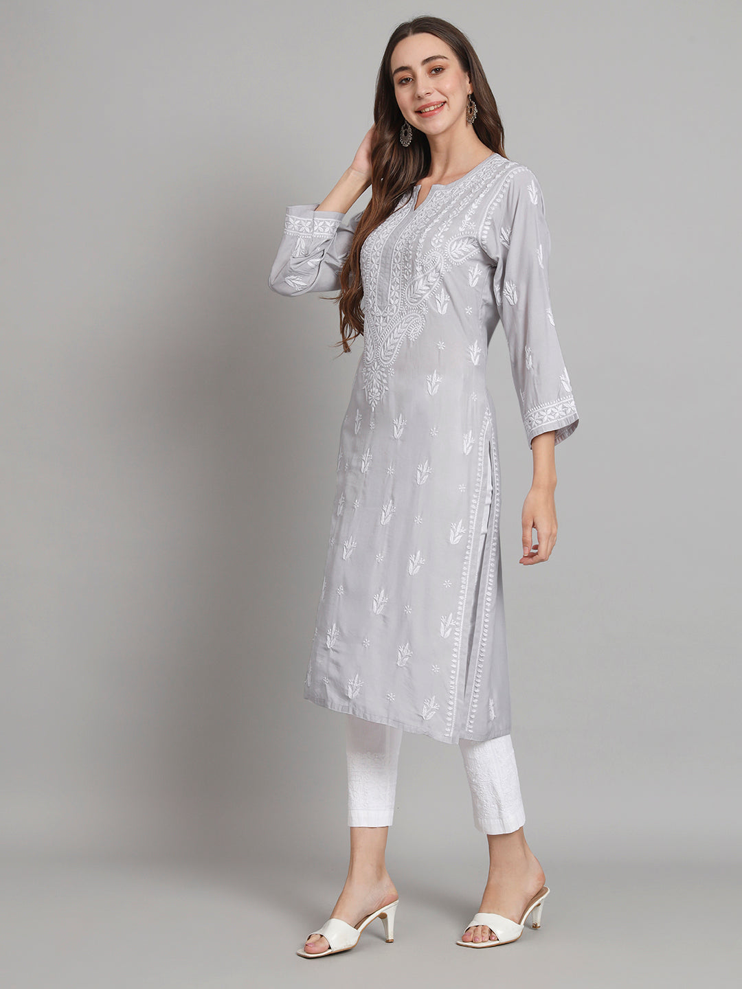 Women Hand Embroidered Chikankari Cotton Kurta-AL3584 Grey