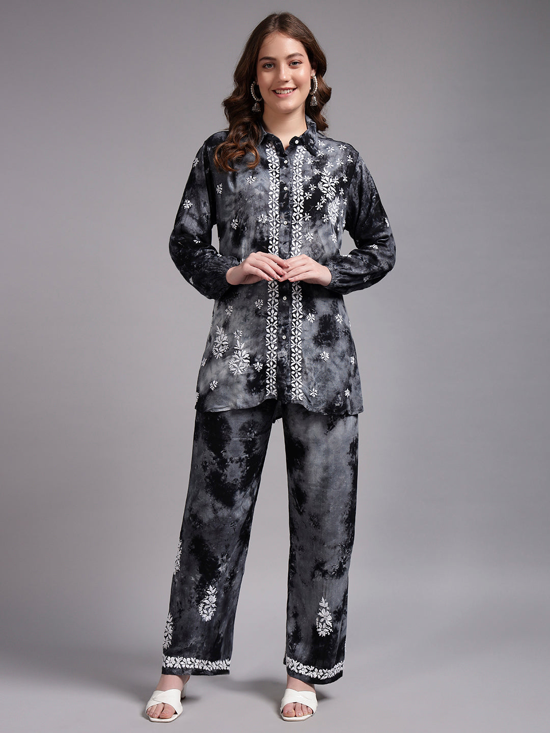 Women Hand Embroidered Chikankari Rayon Co-ord Set-AL4093KS Grey