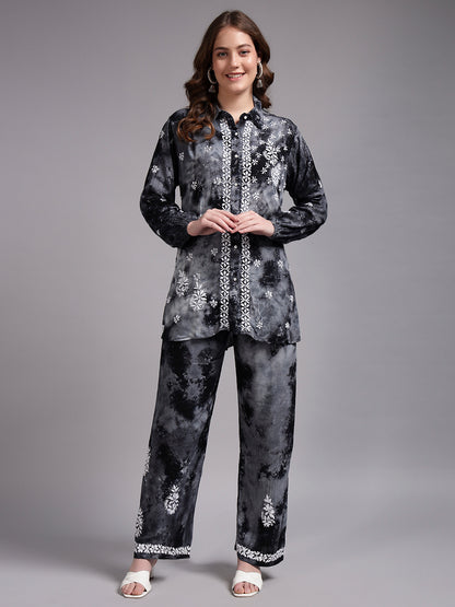 Women Hand Embroidered Chikankari Rayon Co-ord Set-AL4093KS Grey