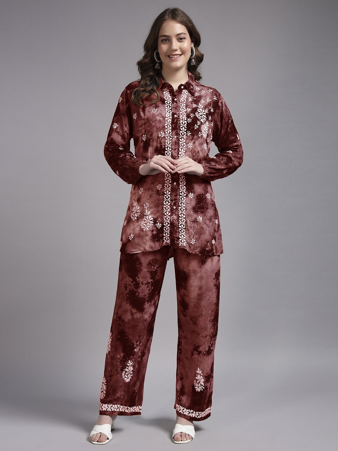 Women Hand Embroidered Chikankari Rayon Co-ord Set-AL4093KS Brown