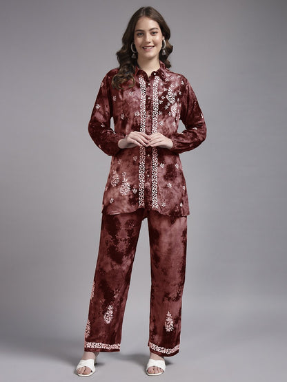 Women Hand Embroidered Chikankari Rayon Co-ord Set-AL4093KS Brown