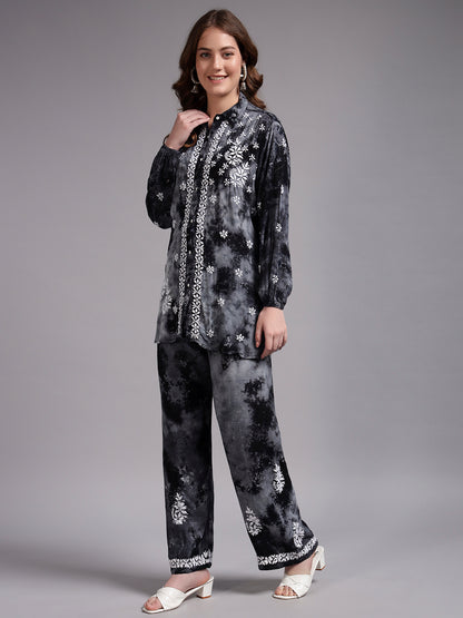 Women Hand Embroidered Chikankari Rayon Co-ord Set-AL4093KS Grey