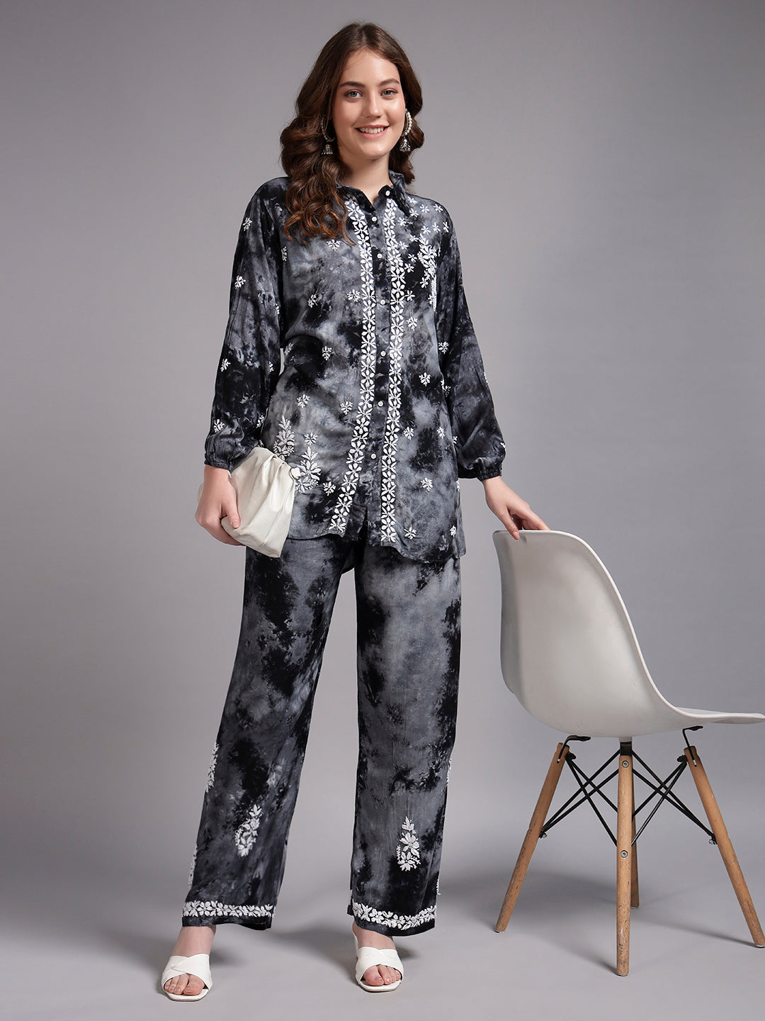 Women Hand Embroidered Chikankari Rayon Co-ord Set-AL4093KS Grey