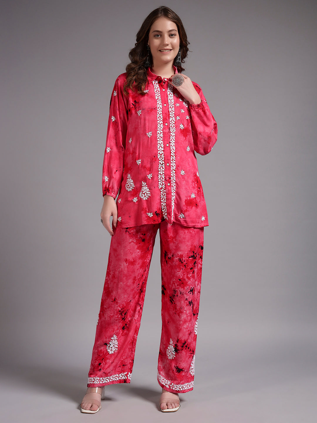 Women Hand Embroidered Chikankari Rayon Co-ord Set-AL4093KS Pink