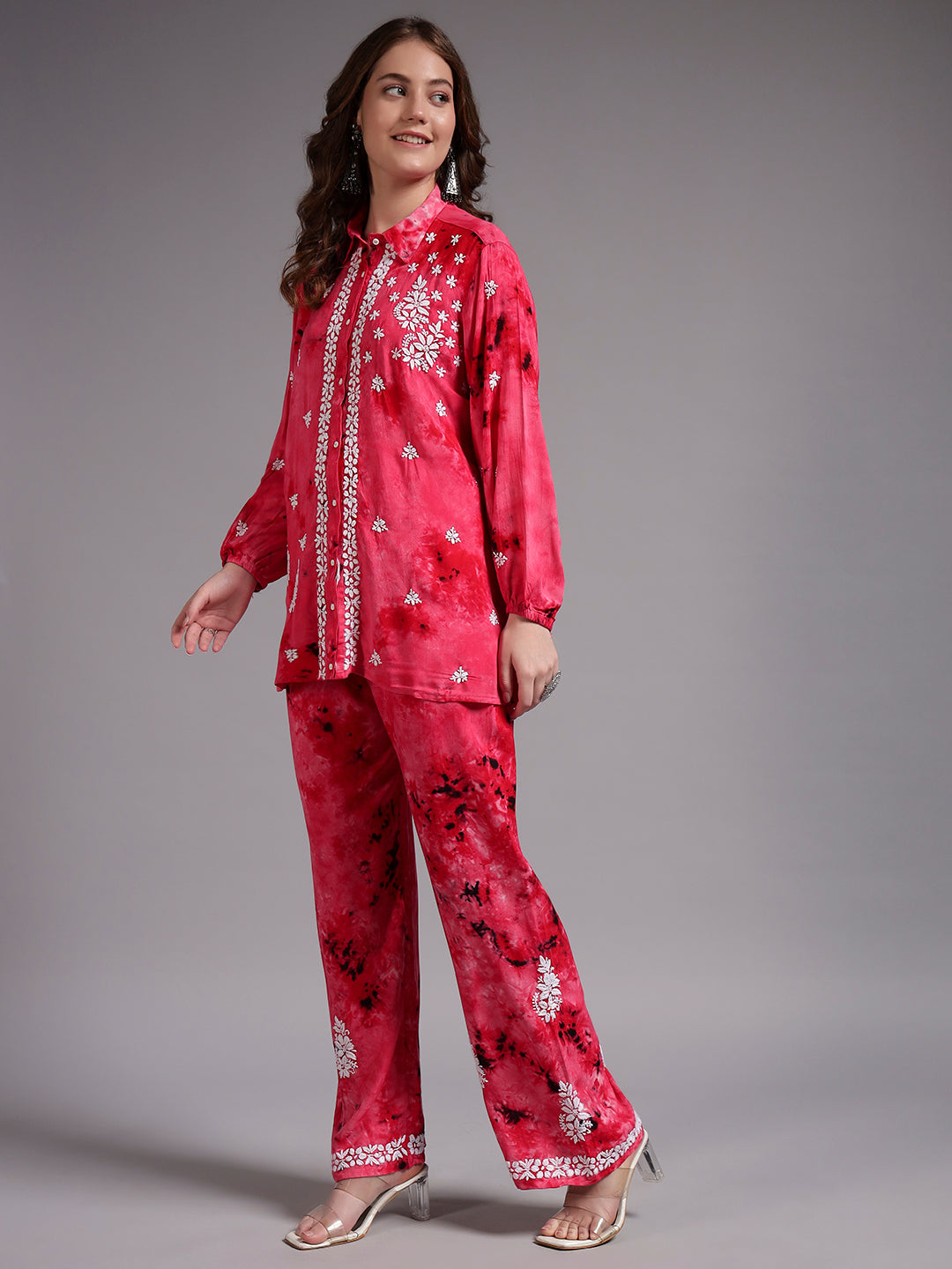 Women Hand Embroidered Chikankari Rayon Co-ord Set-AL4093KS Pink