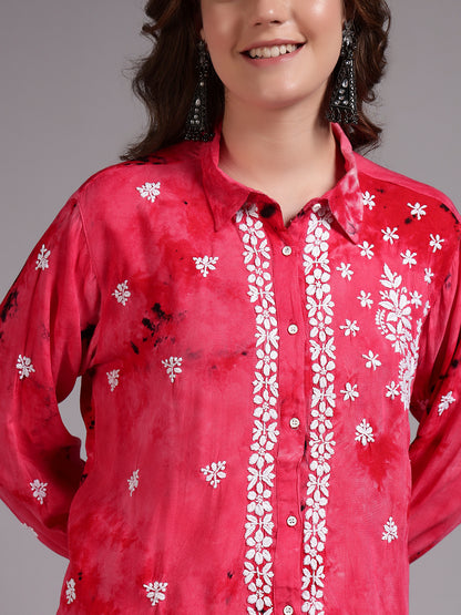 Women Hand Embroidered Chikankari Rayon Co-ord Set-AL4093KS Pink