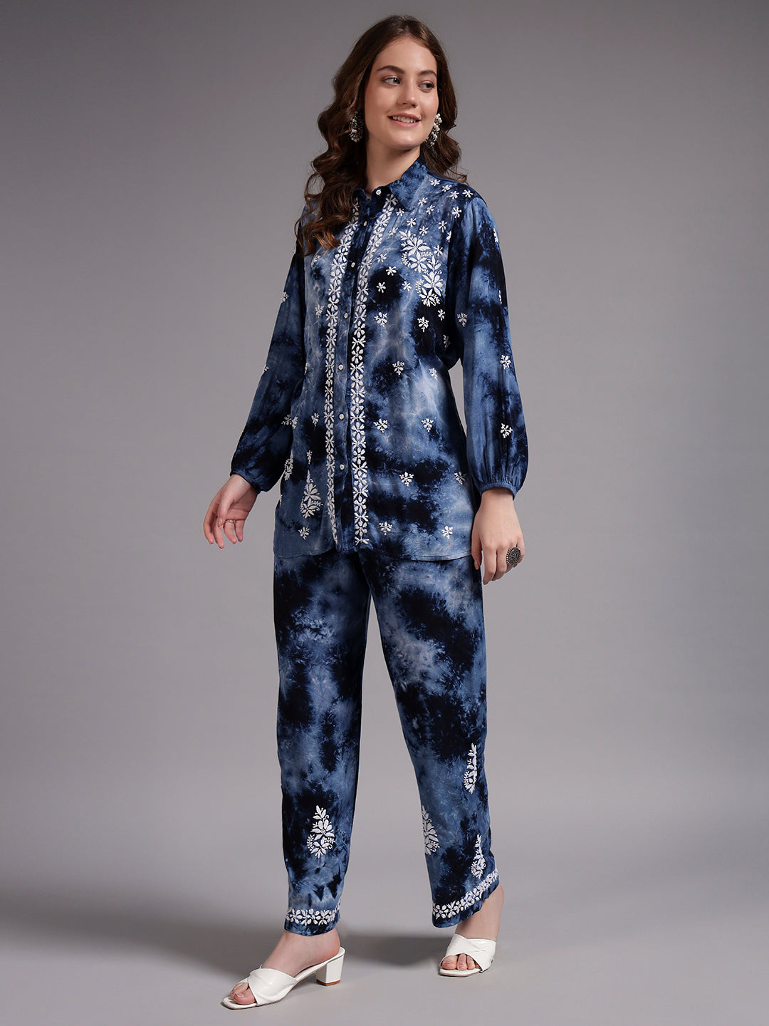 Women Hand Embroidered Chikankari Rayon Co-ord Set-AL4093KS Navy