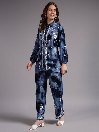 Women Hand Embroidered Chikankari Rayon Co-ord Set-AL4093KS Navy