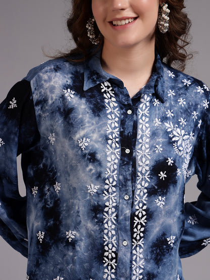 Women Hand Embroidered Chikankari Rayon Co-ord Set-AL4093KS Navy