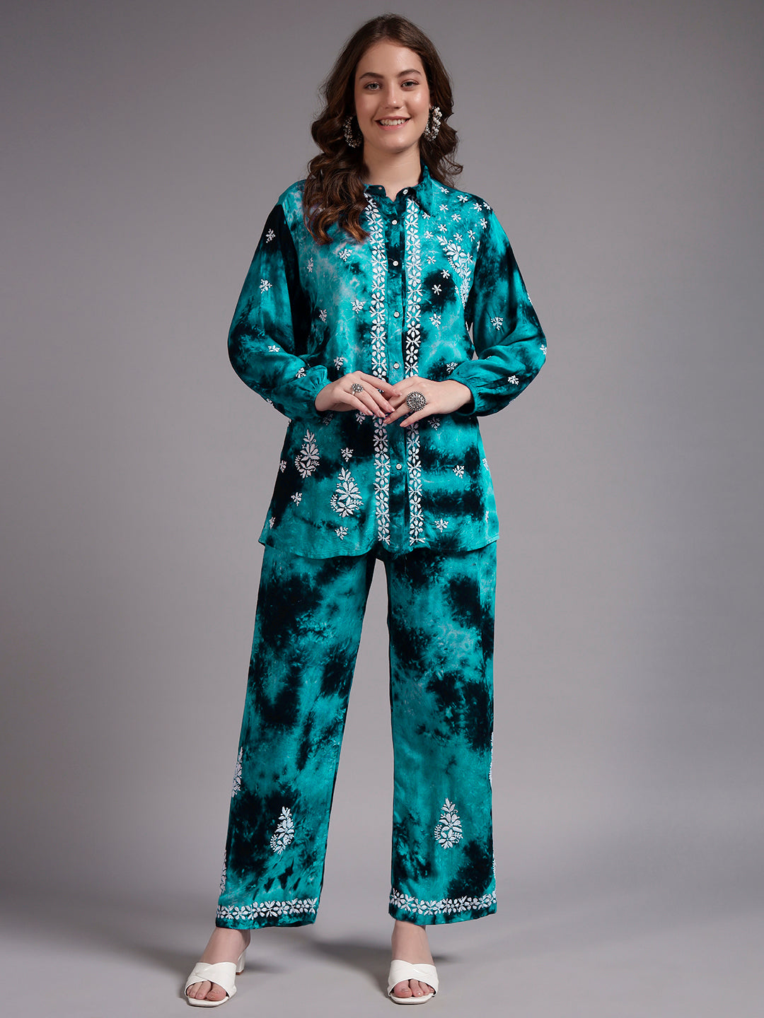 Women Hand Embroidered Chikankari Rayon Co-ord Set-AL4093KS Rama Green
