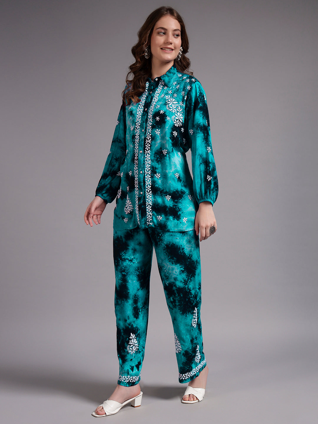 Women Hand Embroidered Chikankari Rayon Co-ord Set-AL4093KS Rama Green