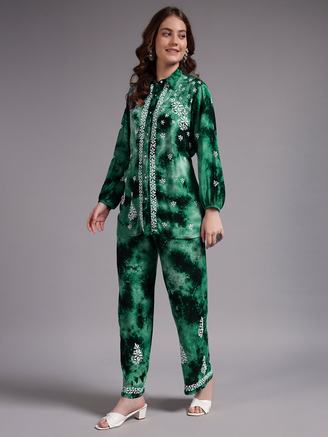 Women Hand Embroidered Chikankari Rayon Co-ord Set-AL4093KS Green