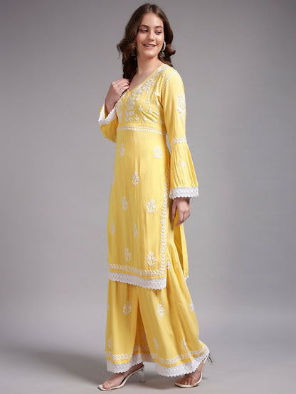 Women Hand Embroidered Lucknowi Chikankari Rayon Kurta Set-AL4077KS Yellow