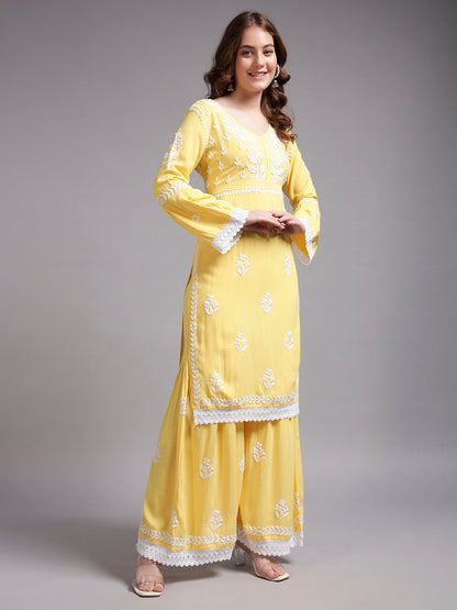 Women Hand Embroidered Lucknowi Chikankari Rayon Kurta Set-AL4077KS Yellow