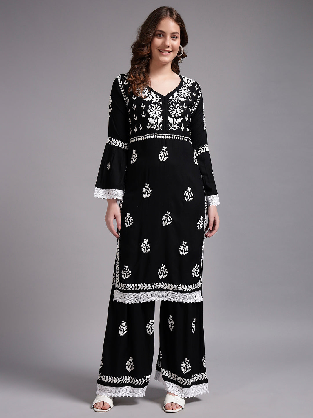Women Hand Embroidered Lucknowi Chikankari Rayon Kurta Set-AL4077KS Black