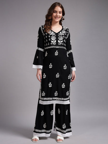 Women Hand Embroidered Lucknowi Chikankari Rayon Kurta Set-AL4077KS Black