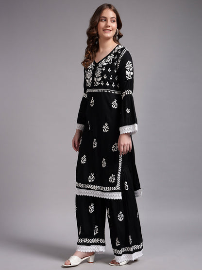 Women Hand Embroidered Lucknowi Chikankari Rayon Kurta Set-AL4077KS Black