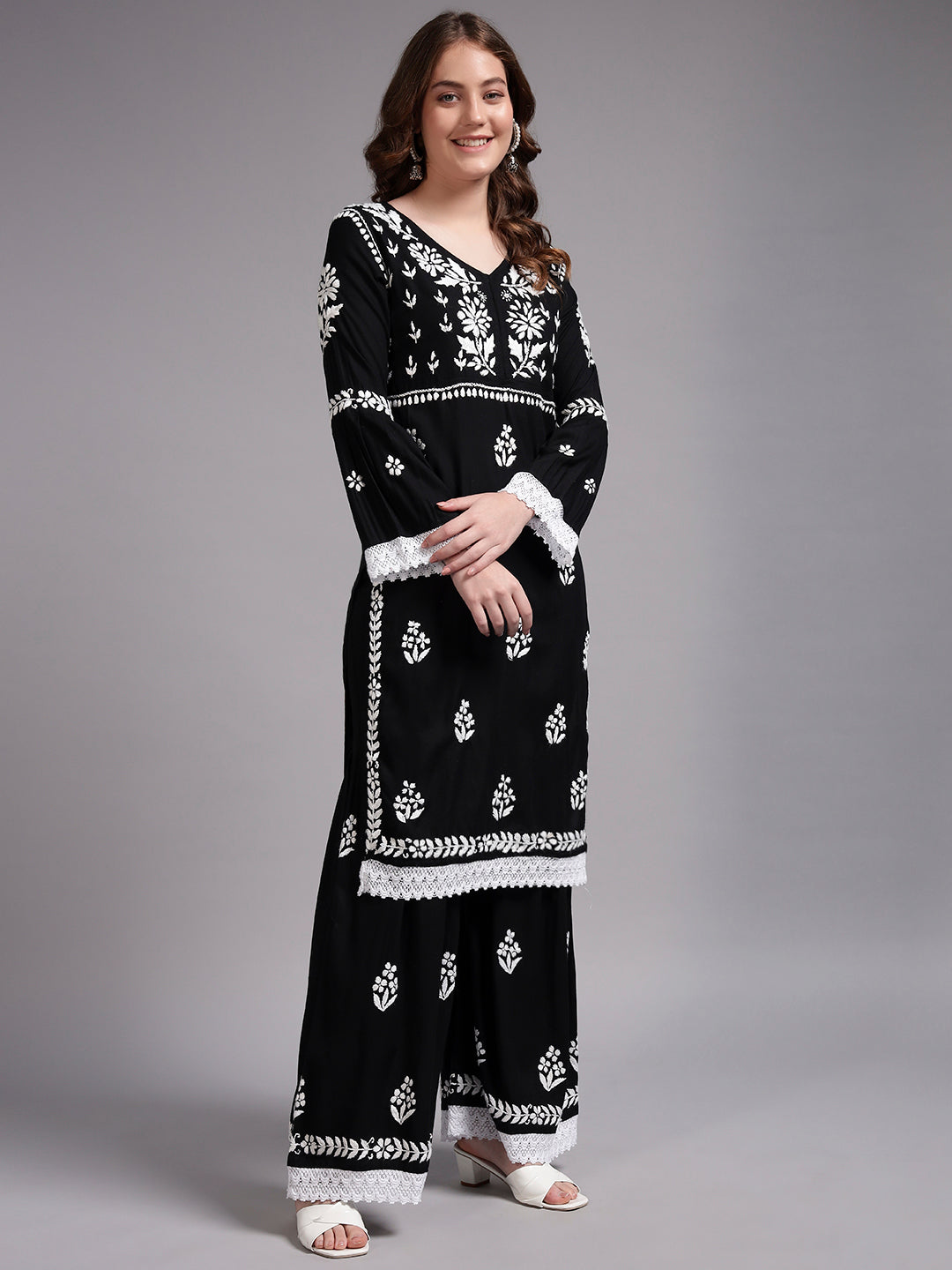 Women Hand Embroidered Lucknowi Chikankari Rayon Kurta Set-AL4077KS Black