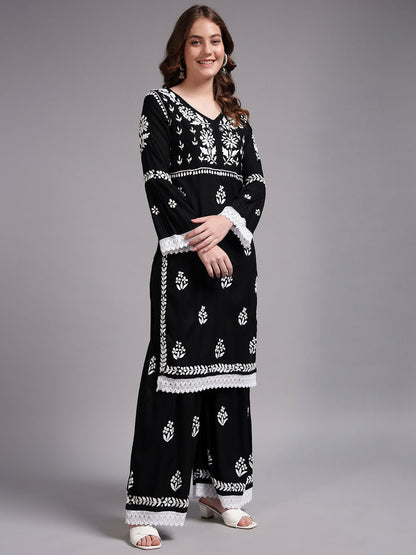 Women Hand Embroidered Lucknowi Chikankari Rayon Kurta Set-AL4077KS Black