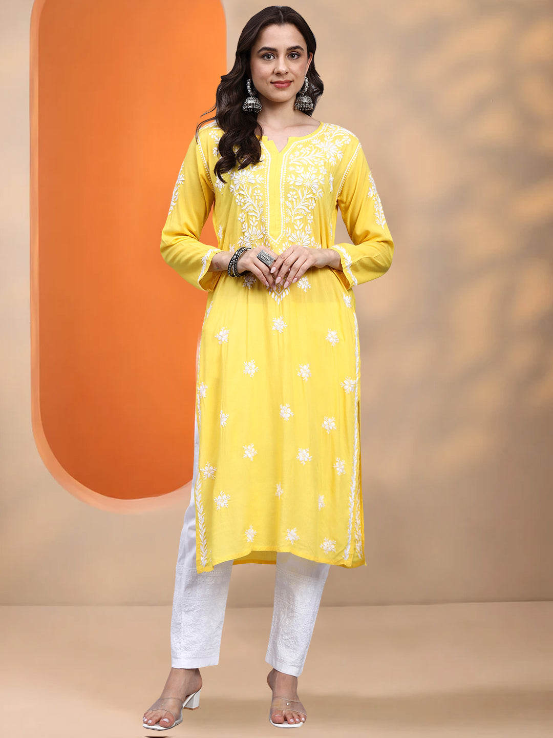 Women Hand Embroidered Chikankari Modal Kurta-AL4059 Dark Yellow