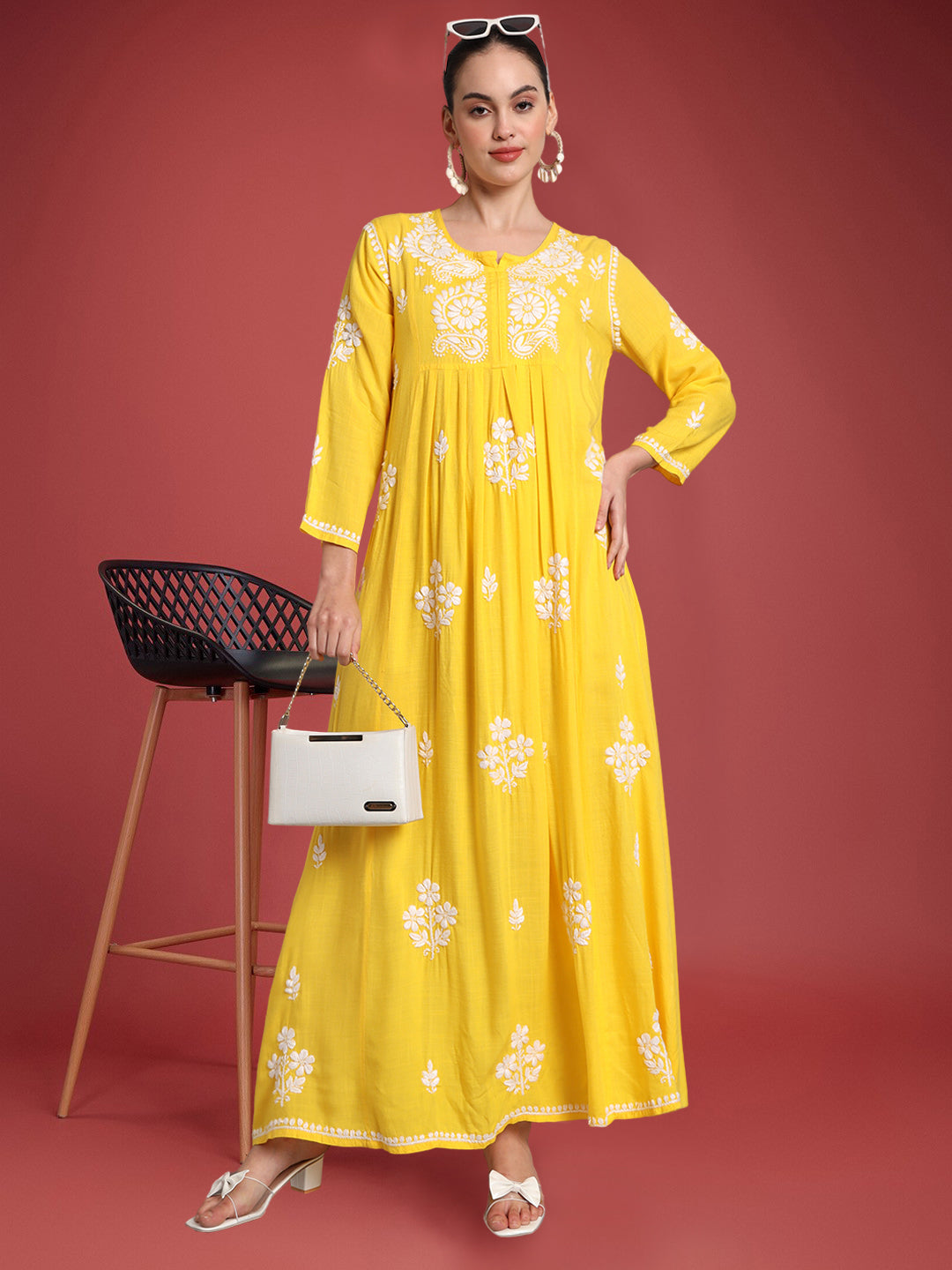 Hand Embroidered Chikankari A-Line Gathering Pattern Rayon Jalabiya-AL4012 Yellow