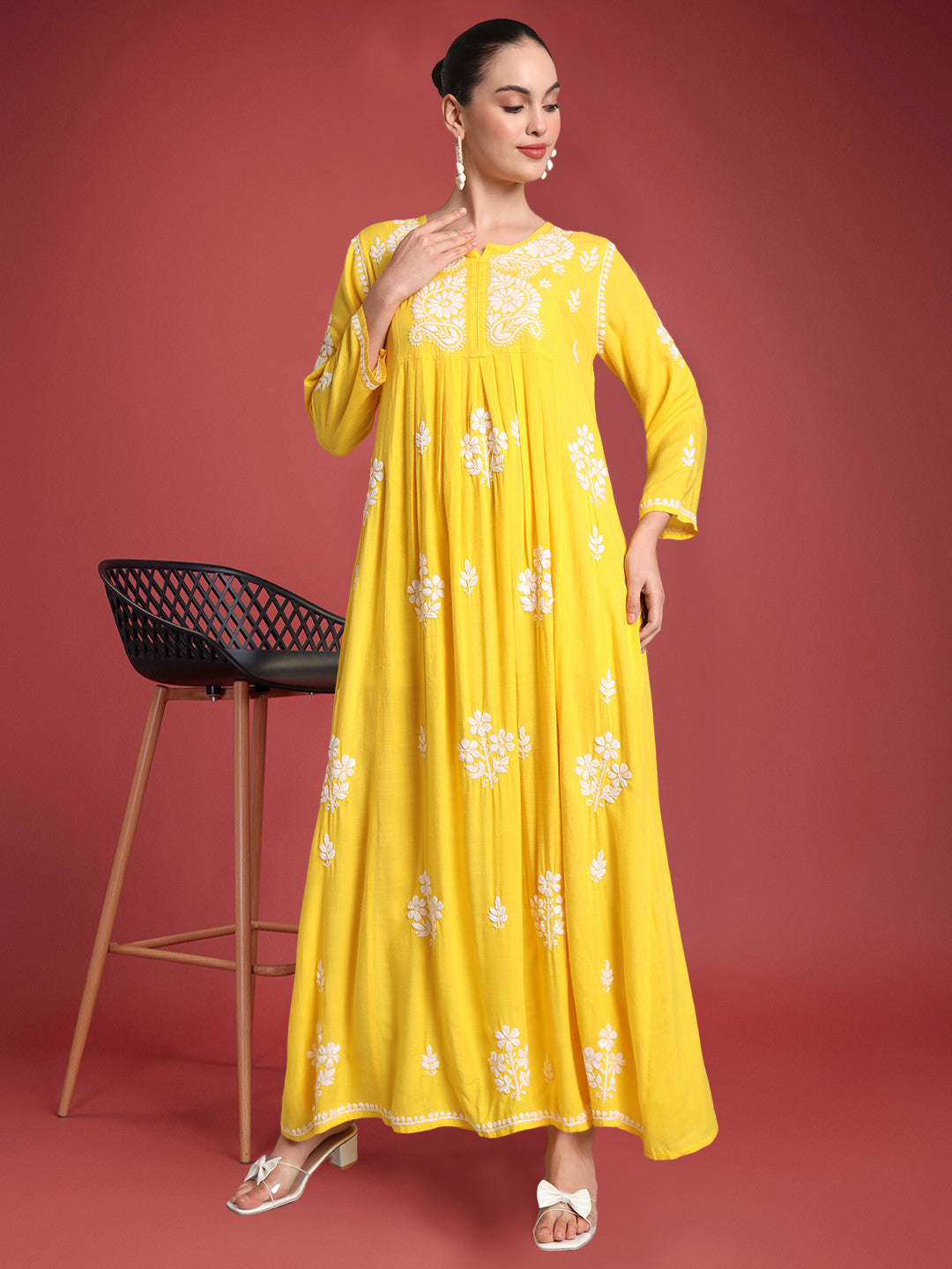 Hand Embroidered Chikankari A-Line Gathering Pattern Rayon Jalabiya-AL4012 Yellow