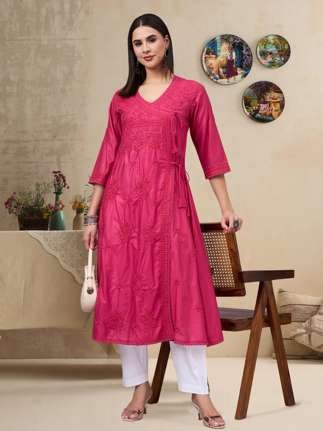 Women chikankari hand Embroidered Chanderi Angrakha kurta-AL3667 Magenta