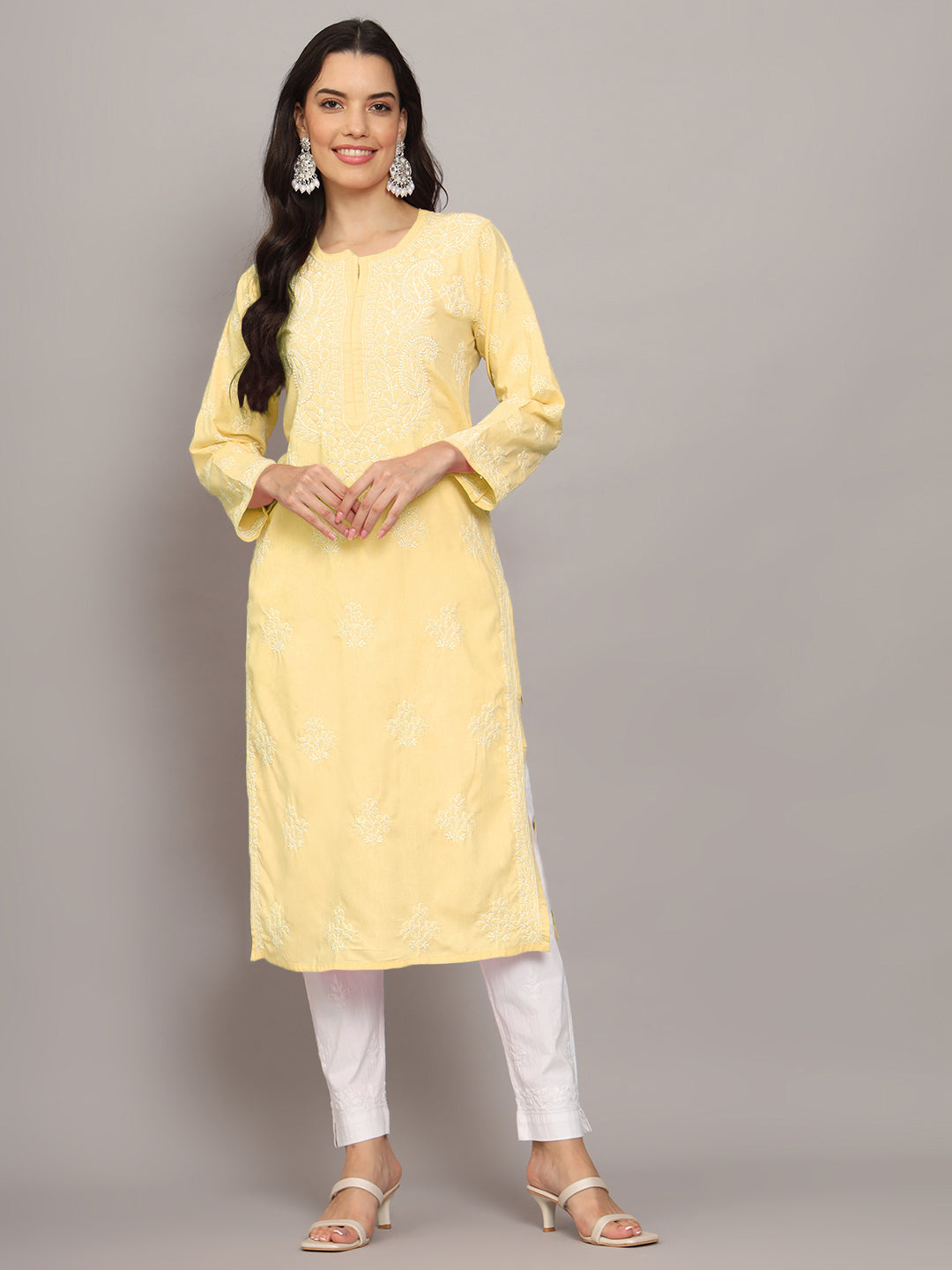 Women Hand Embroidered Chikankari Cotton Kurta-AL4043 Yellow