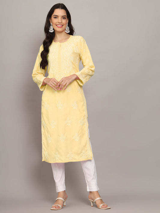 Women Hand Embroidered Chikankari Cotton Kurta-AL4043 Yellow