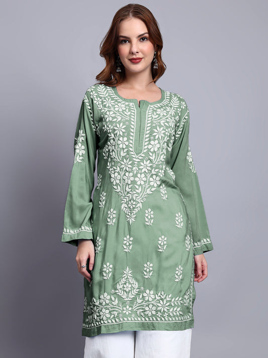 Women Hand Embroidered Chikankari Modal Kurti -AL3702 Darkgreen
