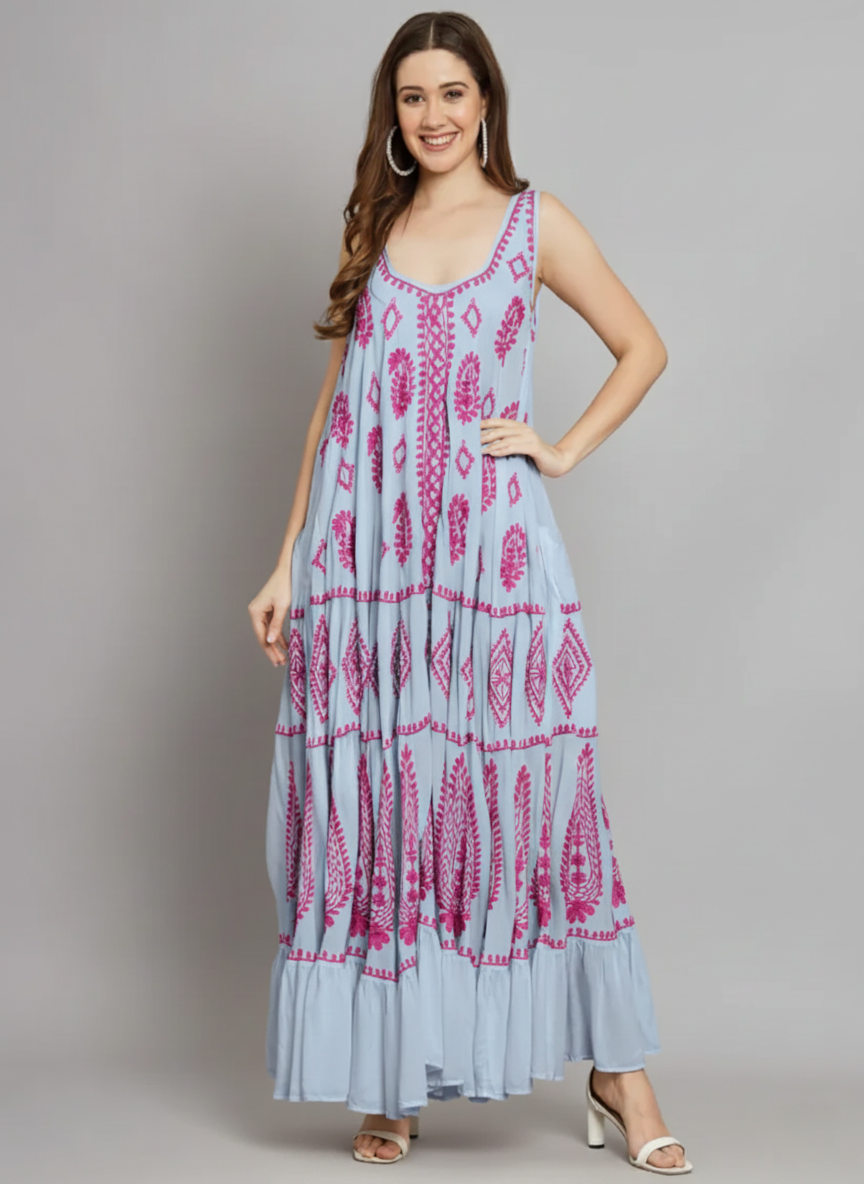 Hand Embroidered Chikankari Modal Kaftan-AL3605C