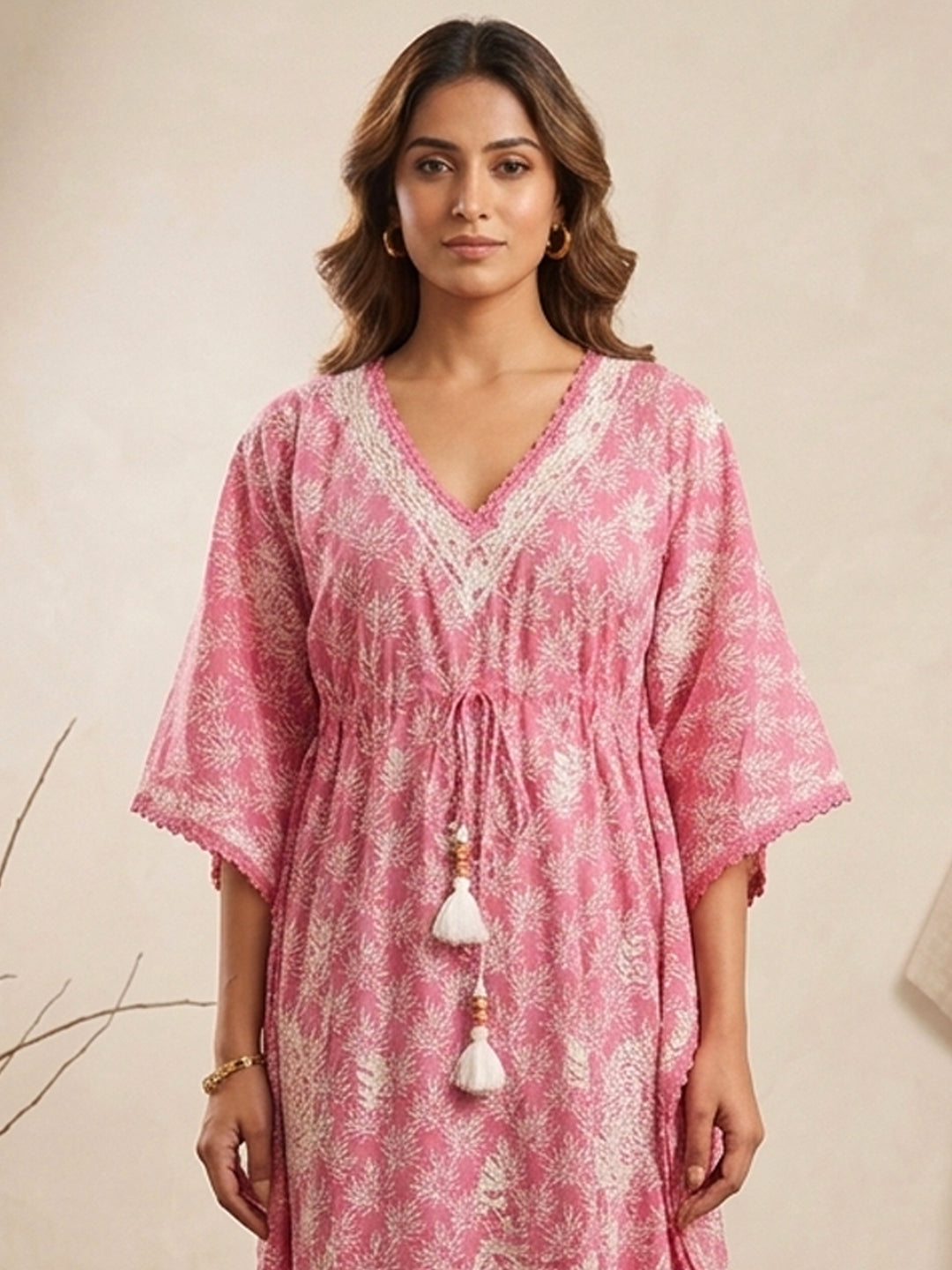 Hand Embroidered Chikankari Cotton Kaftan-AL3833 New Carrotpink