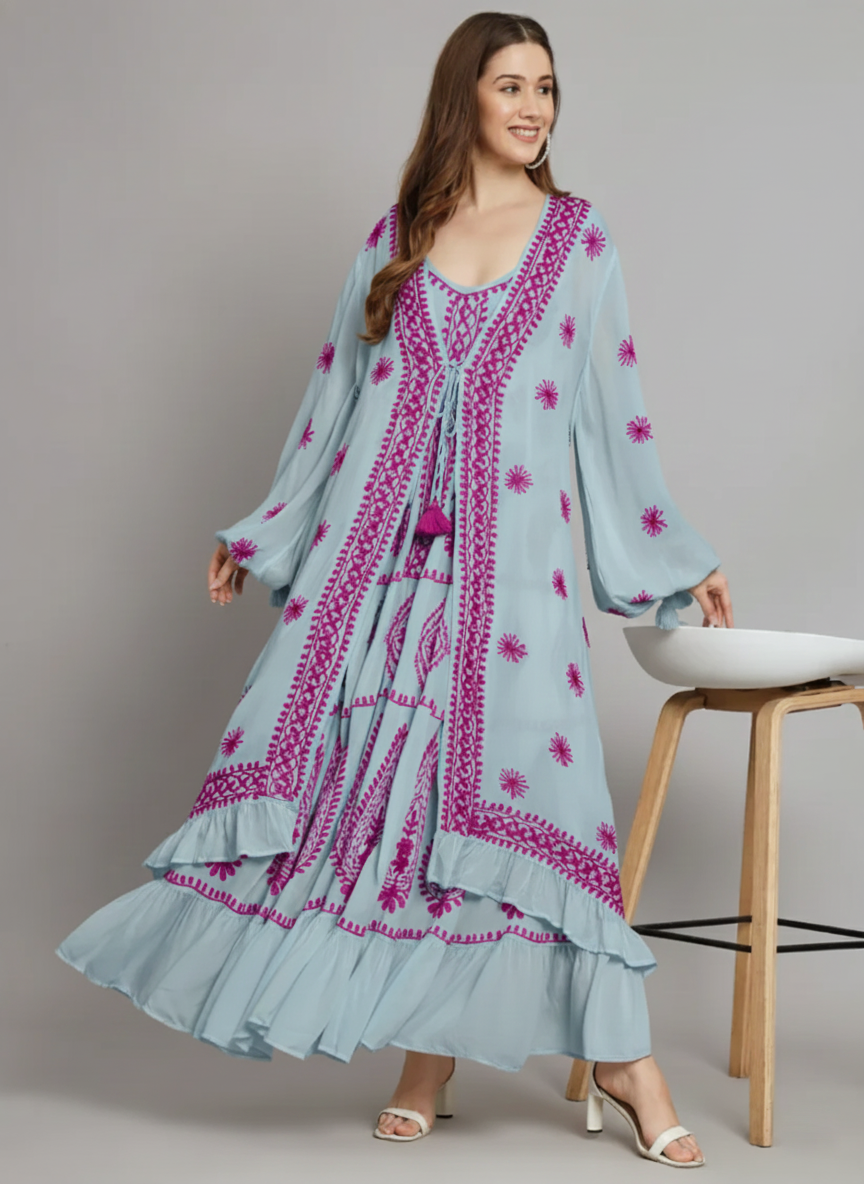 Hand Embroidered Chikankari Modal Kaftan-AL3605C