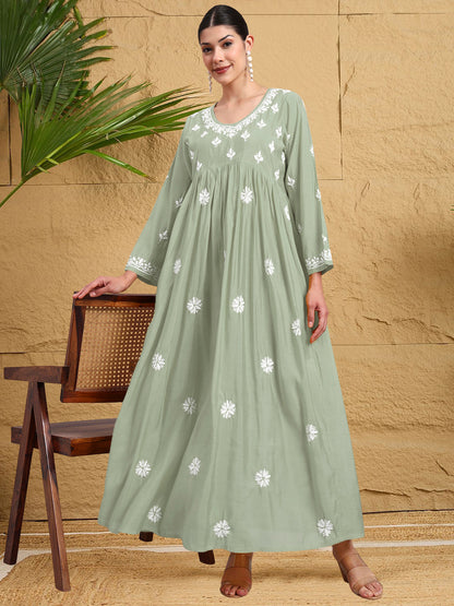 Hand Embroidered Chikankari Chanderi Jalabiya-AL4087 Green