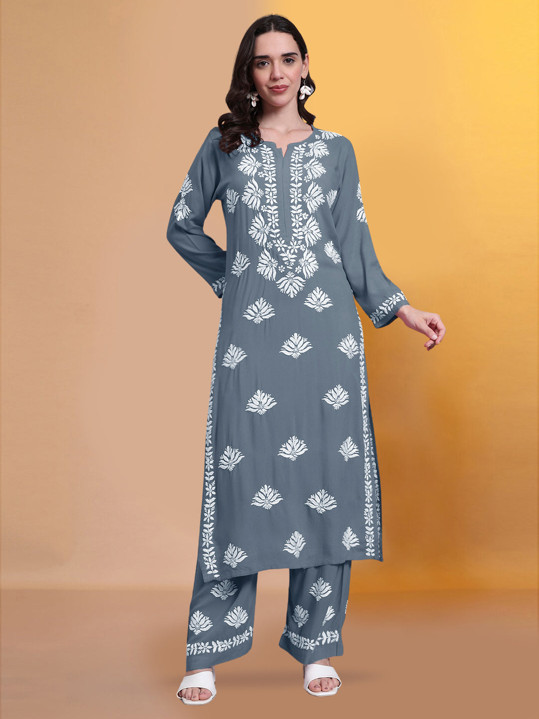 Women Hand Embroidered Chikankari Rayon Kurta Set-AL4084KS Grey