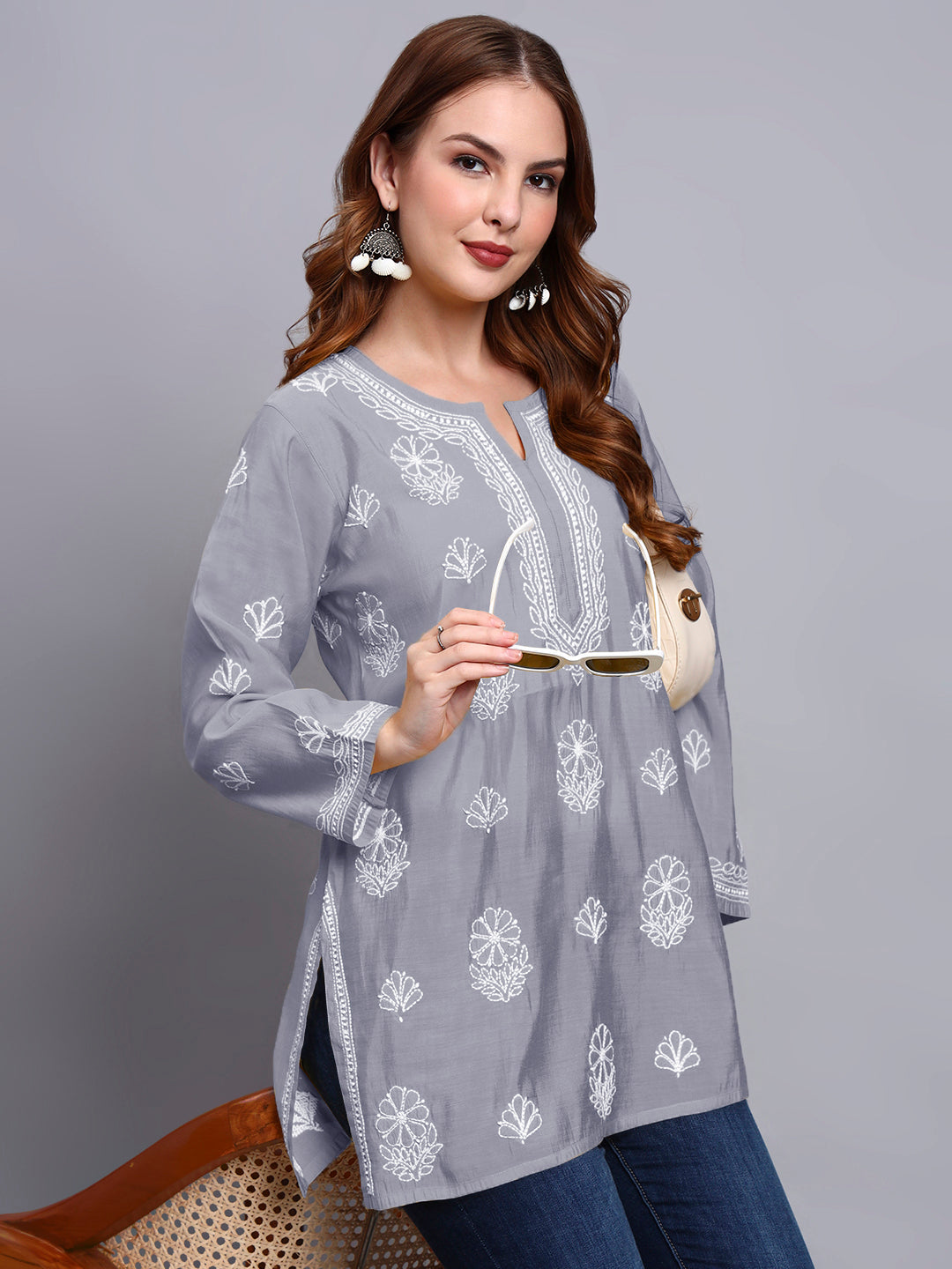Women Hand Embroidered Chikankari Chanderi Short Kurti-AL4090 Grey