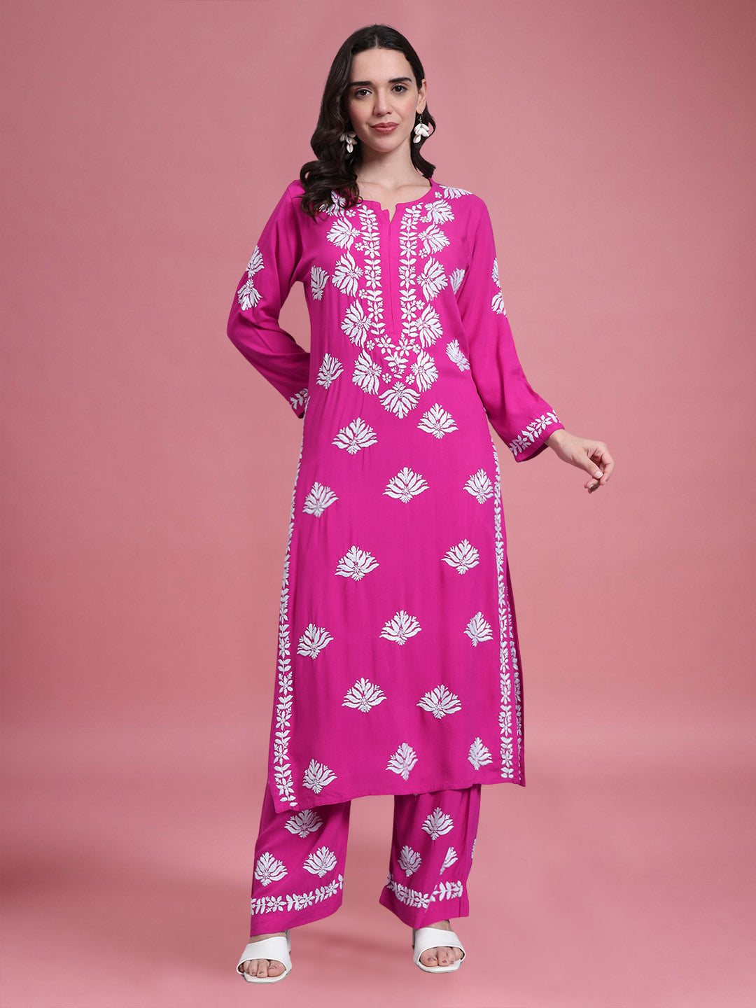 Women Hand Embroidered Chikankari Rayon Kurta Set-AL4084KS Magenta