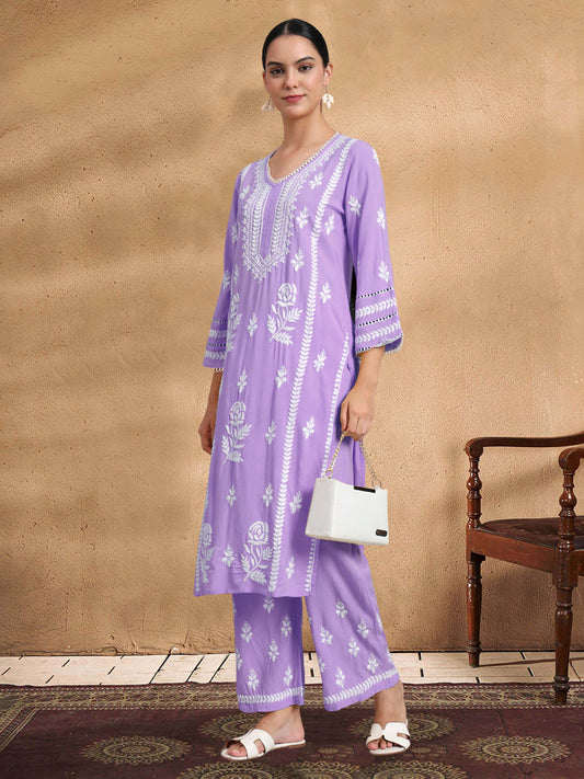 Women Hand Embroidered Lucknowi Chikankari Rayon Kurta Set-AL4078KS Lavender