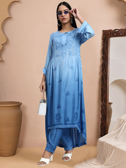 Women Hand Embroidered Chikankari Muslin Kurta Set-AL4101KS Blue